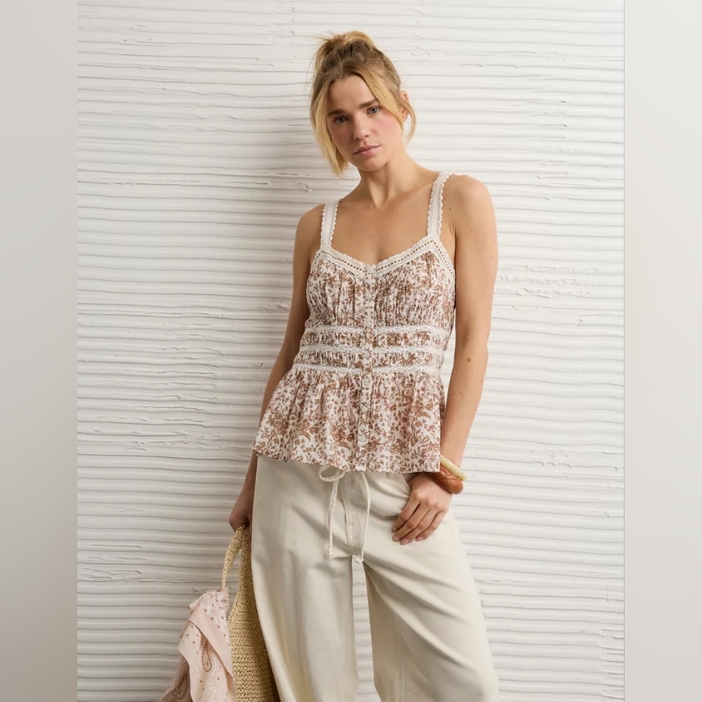 American Eagle NWT Floral Lace Trim Peplum Cami Top XL